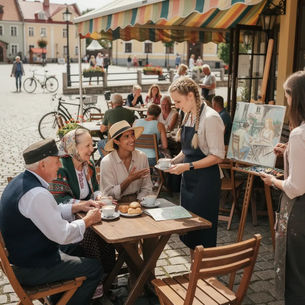 A picturesque view of cobblestone streets in a historic Estonian district, showcasing colorful medieval buildings.